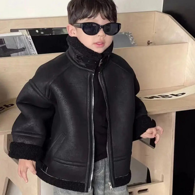 Μπουφάν μοτοσικλέτας 2023 Χειμώνας για αγόρια και κορίτσια με όρθια όρθια λαιμόκοψη με παχύρρευστο παλτό από αρνί αρνί για παιδιά