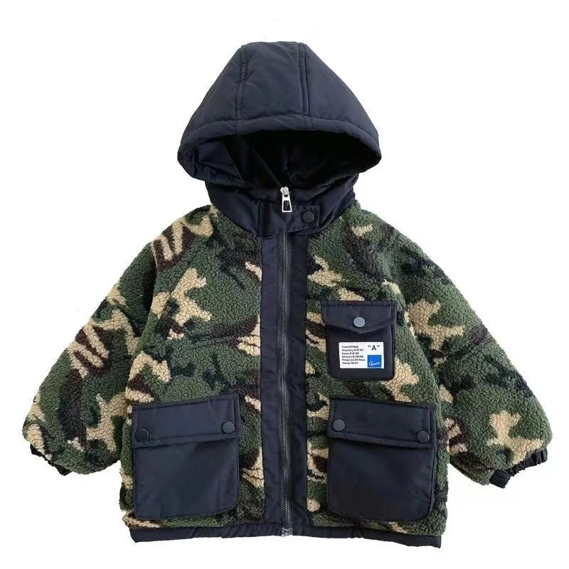 Nauja berniukiška striukė kamufliažinė vilna, vaikiška paltai Vaikiški viršutiniai drabužiai 2022 m. rudens žiema-W009