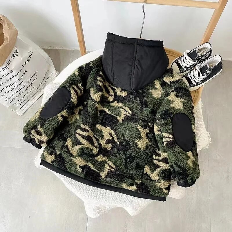 Nauja berniukiška striukė kamufliažinė vilna, vaikiška paltai Vaikiški viršutiniai drabužiai 2022 m. rudens žiema-W009