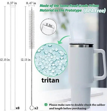 8 бр. Резервни сламки Сламки за чаша Стенли с 2 четки за почистване Сламки за многократна употреба, съвместими с чаша Стенли 14/20/30/40 Oz