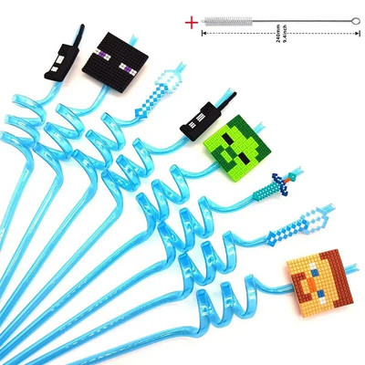 8 τμχ 26cm My World Pixel Straw Επαναχρησιμοποιήσιμο Miner Πλαστικά Σπιράλ Καλαμάκια Ποτού Παιδικά Διακοσμητικά πάρτι γενεθλίων Καλαμάκια χυμού