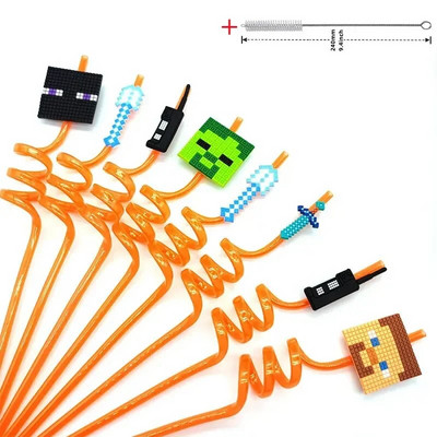 8 τμχ 26cm My World Pixel Straw Επαναχρησιμοποιήσιμο Miner Πλαστικά Σπιράλ Καλαμάκια Ποτού Παιδικά Διακοσμητικά πάρτι γενεθλίων Καλαμάκια χυμού