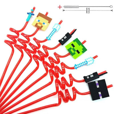 8 τμχ 26cm My World Pixel Straw Επαναχρησιμοποιήσιμο Miner Πλαστικά Σπιράλ Καλαμάκια Ποτού Παιδικά Διακοσμητικά πάρτι γενεθλίων Καλαμάκια χυμού