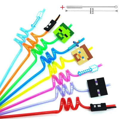 8 τμχ 26cm My World Pixel Straw Επαναχρησιμοποιήσιμο Miner Πλαστικά Σπιράλ Καλαμάκια Ποτού Παιδικά Διακοσμητικά πάρτι γενεθλίων Καλαμάκια χυμού