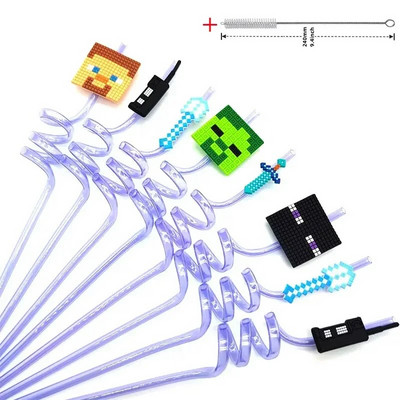 8 τμχ 26cm My World Pixel Straw Επαναχρησιμοποιήσιμο Miner Πλαστικά Σπιράλ Καλαμάκια Ποτού Παιδικά Διακοσμητικά πάρτι γενεθλίων Καλαμάκια χυμού