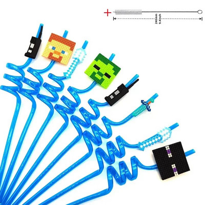 8 τμχ 26cm My World Pixel Straw Επαναχρησιμοποιήσιμο Miner Πλαστικά Σπιράλ Καλαμάκια Ποτού Παιδικά Διακοσμητικά πάρτι γενεθλίων Καλαμάκια χυμού