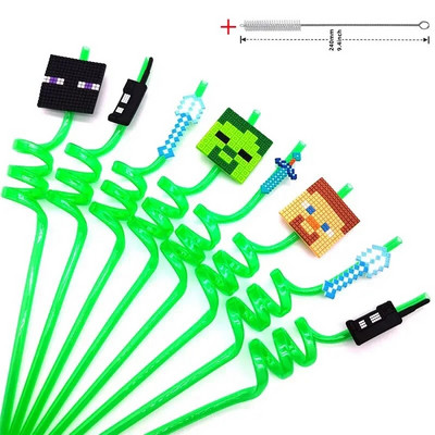 8 τμχ 26cm My World Pixel Straw Επαναχρησιμοποιήσιμο Miner Πλαστικά Σπιράλ Καλαμάκια Ποτού Παιδικά Διακοσμητικά πάρτι γενεθλίων Καλαμάκια χυμού