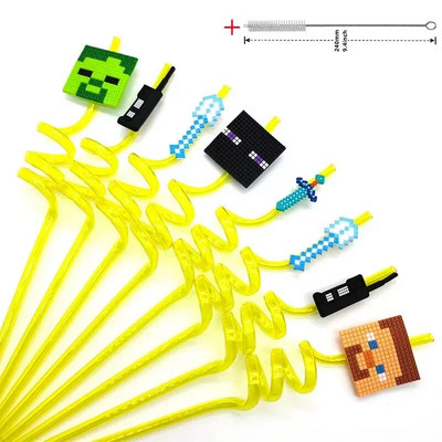 8 τμχ 26cm My World Pixel Straw Επαναχρησιμοποιήσιμο Miner Πλαστικά Σπιράλ Καλαμάκια Ποτού Παιδικά Διακοσμητικά πάρτι γενεθλίων Καλαμάκια χυμού