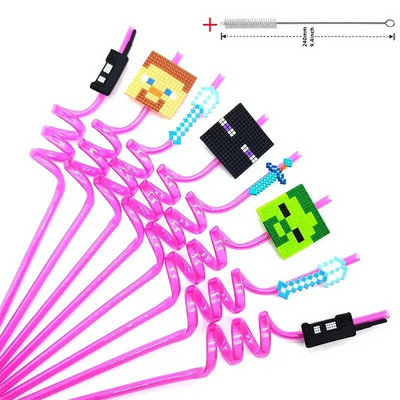 8 τμχ 26cm My World Pixel Straw Επαναχρησιμοποιήσιμο Miner Πλαστικά Σπιράλ Καλαμάκια Ποτού Παιδικά Διακοσμητικά πάρτι γενεθλίων Καλαμάκια χυμού