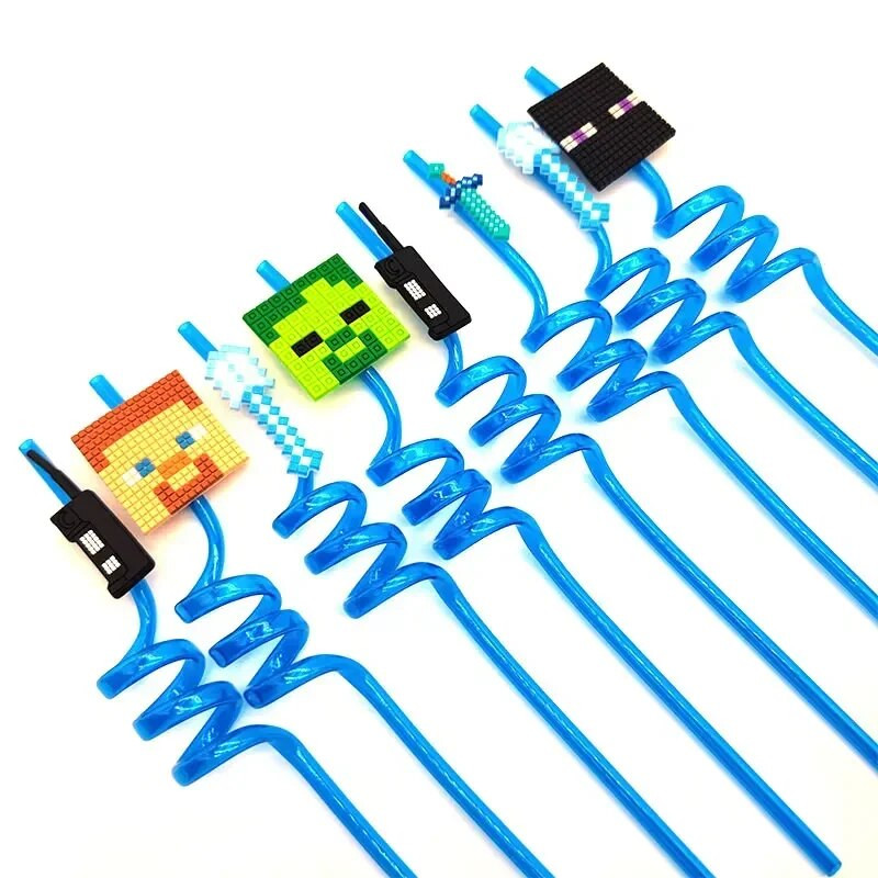8 τμχ 26cm My World Pixel Straw Επαναχρησιμοποιήσιμο Miner Πλαστικά Σπιράλ Καλαμάκια Ποτού Παιδικά Διακοσμητικά πάρτι γενεθλίων Καλαμάκια χυμού