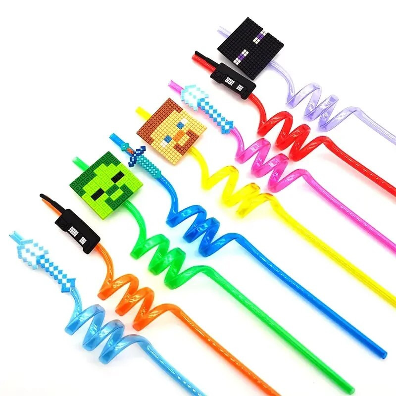 8 τμχ 26cm My World Pixel Straw Επαναχρησιμοποιήσιμο Miner Πλαστικά Σπιράλ Καλαμάκια Ποτού Παιδικά Διακοσμητικά πάρτι γενεθλίων Καλαμάκια χυμού