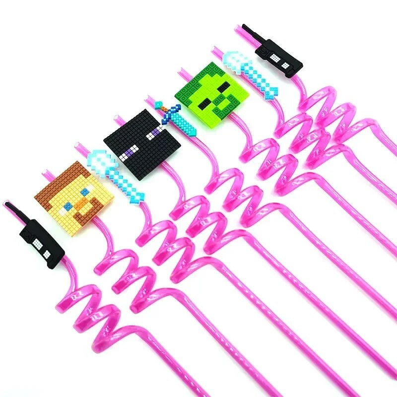 8 τμχ 26cm My World Pixel Straw Επαναχρησιμοποιήσιμο Miner Πλαστικά Σπιράλ Καλαμάκια Ποτού Παιδικά Διακοσμητικά πάρτι γενεθλίων Καλαμάκια χυμού