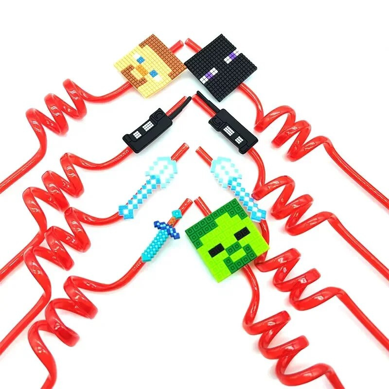 8 τμχ 26cm My World Pixel Straw Επαναχρησιμοποιήσιμο Miner Πλαστικά Σπιράλ Καλαμάκια Ποτού Παιδικά Διακοσμητικά πάρτι γενεθλίων Καλαμάκια χυμού