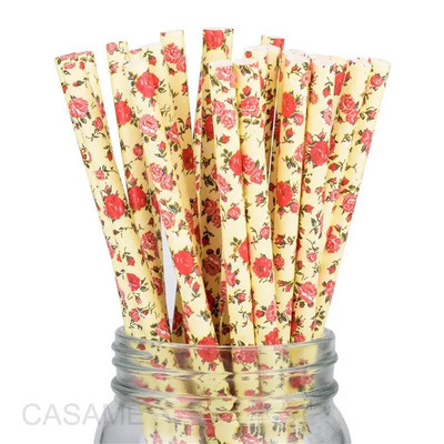 25/50/100 vnt Romantiški popieriniai šiaudeliai Biologiškai skaidūs vintažiniai retro gėlių geriamojo popieriaus šiaudeliai Kalėdų dekoravimo vestuviniai renginiai