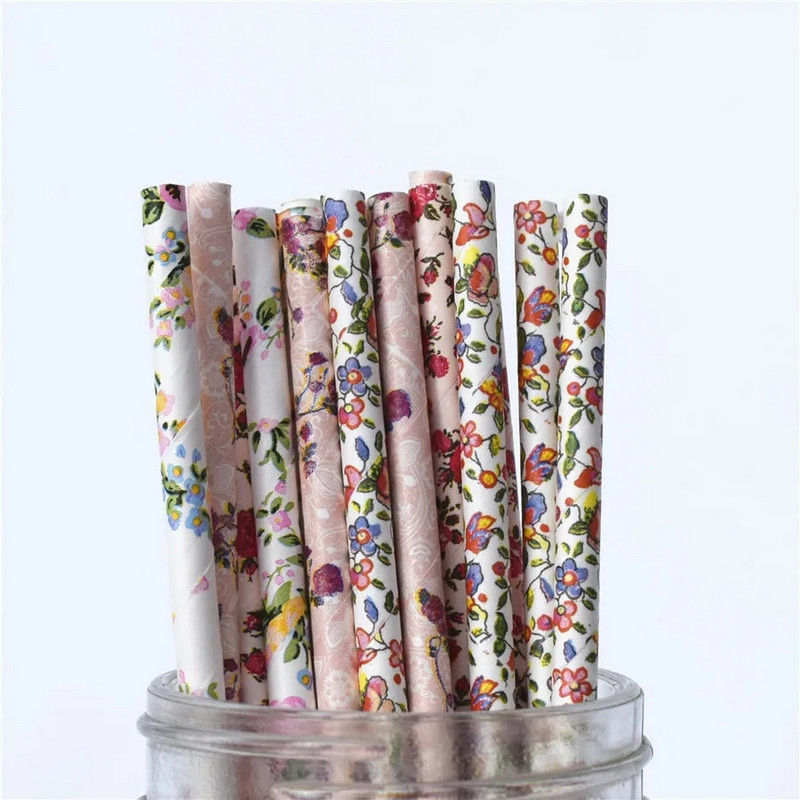 25/50/100 vnt Romantiški popieriniai šiaudeliai Biologiškai skaidūs vintažiniai retro gėlių geriamojo popieriaus šiaudeliai Kalėdų dekoravimo vestuviniai renginiai