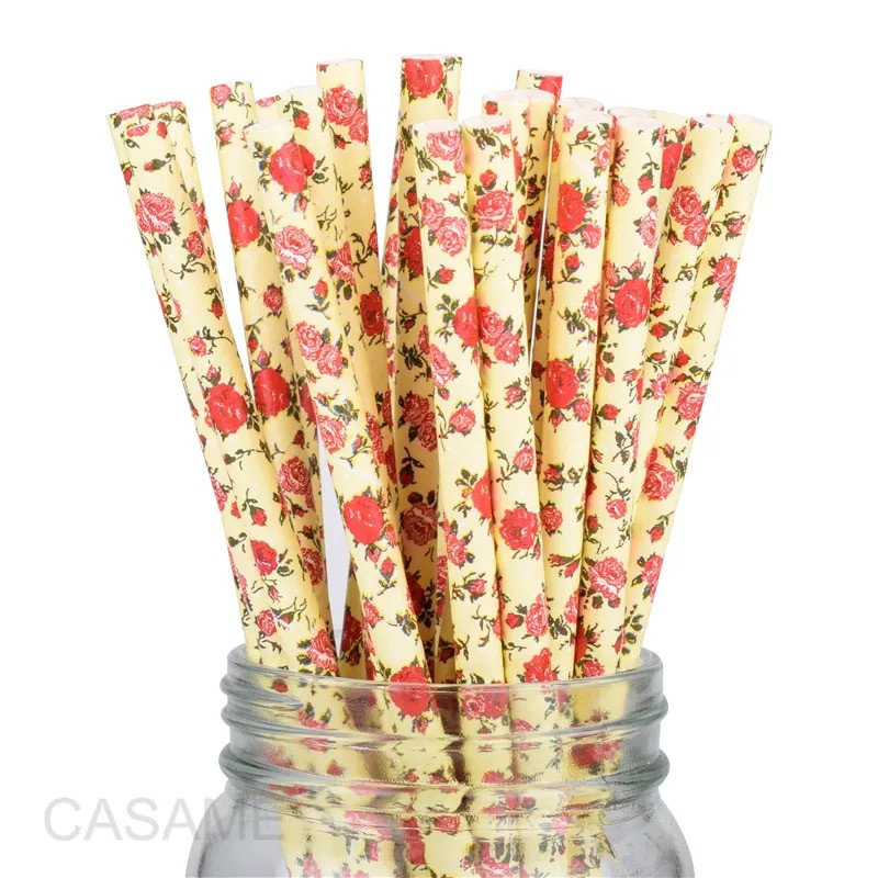25/50/100 vnt Romantiški popieriniai šiaudeliai Biologiškai skaidūs vintažiniai retro gėlių geriamojo popieriaus šiaudeliai Kalėdų dekoravimo vestuviniai renginiai