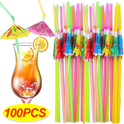 10-100 buc paie tropicale pentru umbrelă, culori amestecate, paie de băut de unică folosință din plastic pentru suc de cocktail, decorare pentru petrecere pe plajă din Hawaii