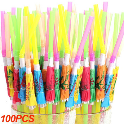 10-100 vnt Mišrios spalvos atogrąžų skėčių šiaudeliai vienkartiniai skaidrūs šiaudeliai kokteilių sultims Havajų vakarėlio paplūdimio dekoro reikmenys