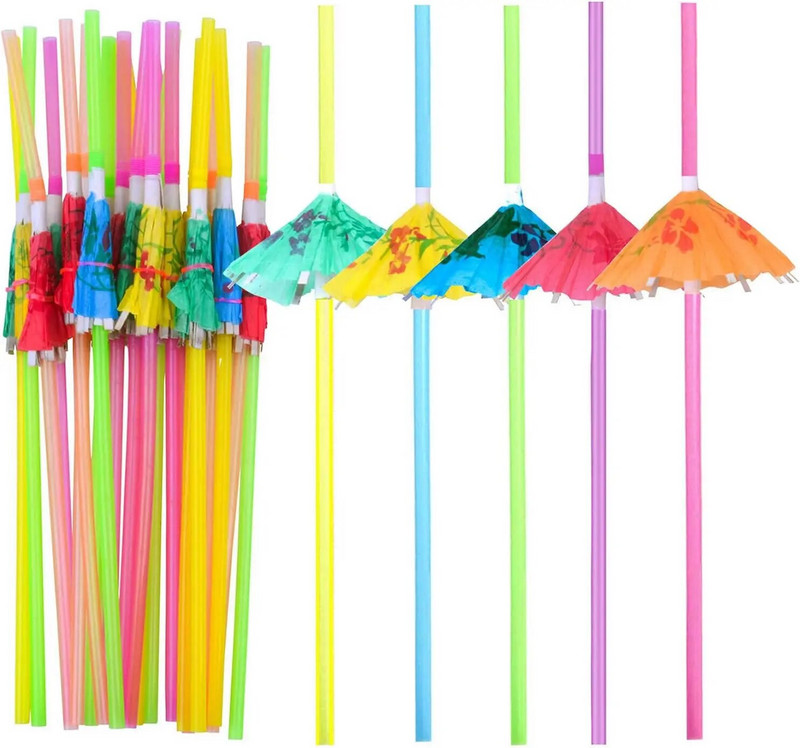 10-100 vnt Mišrios spalvos atogrąžų skėčių šiaudeliai vienkartiniai skaidrūs šiaudeliai kokteilių sultims Havajų vakarėlio paplūdimio dekoro reikmenys