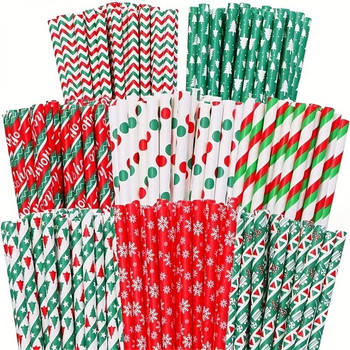 Коледна крафт хартиена сламка Цветни щампи Хартиени сламки за пиене за еднократна употреба Весела Коледа Новогодишно парти Консумативи за домашен декор