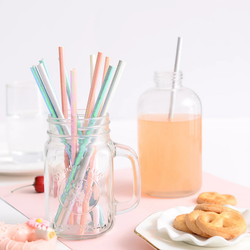 25/50 vnt perlamutrinės rožinės spalvos sidabro vienkartinio popieriaus šiaudų folijos lazerinis vaivorykštės šiaudelis gimtadienio vestuvių Kalėdų vakarėlio reikmenims