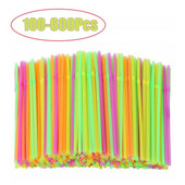 100-600 vnt Fluorescencinės spalvos plastikiniai šiaudeliai vienkartiniai geriamieji kokteiliai Rietjes virtuvės vestuvių gimtadienio priedai