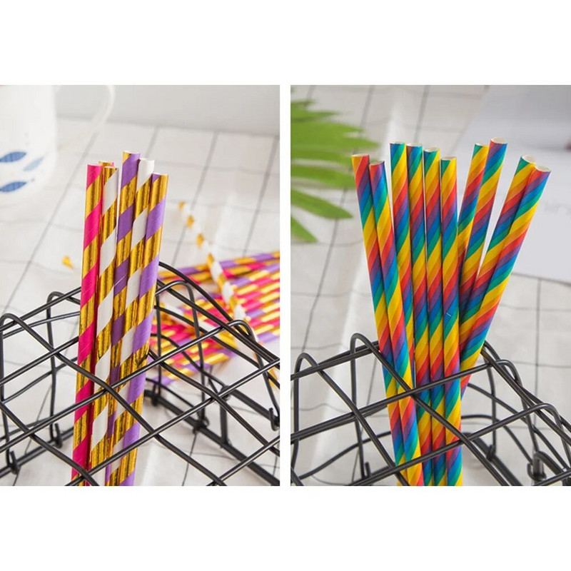 100 vnt Popieriniai šiaudeliai Dryžuoti šiaudeliai Biologiškai skaidūs kokteilių pipetės vienkartinės