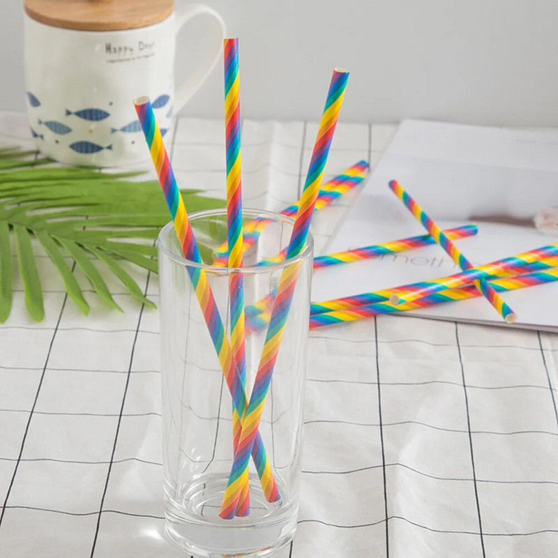 100 vnt Popieriniai šiaudeliai Dryžuoti šiaudeliai Biologiškai skaidūs kokteilių pipetės vienkartinės