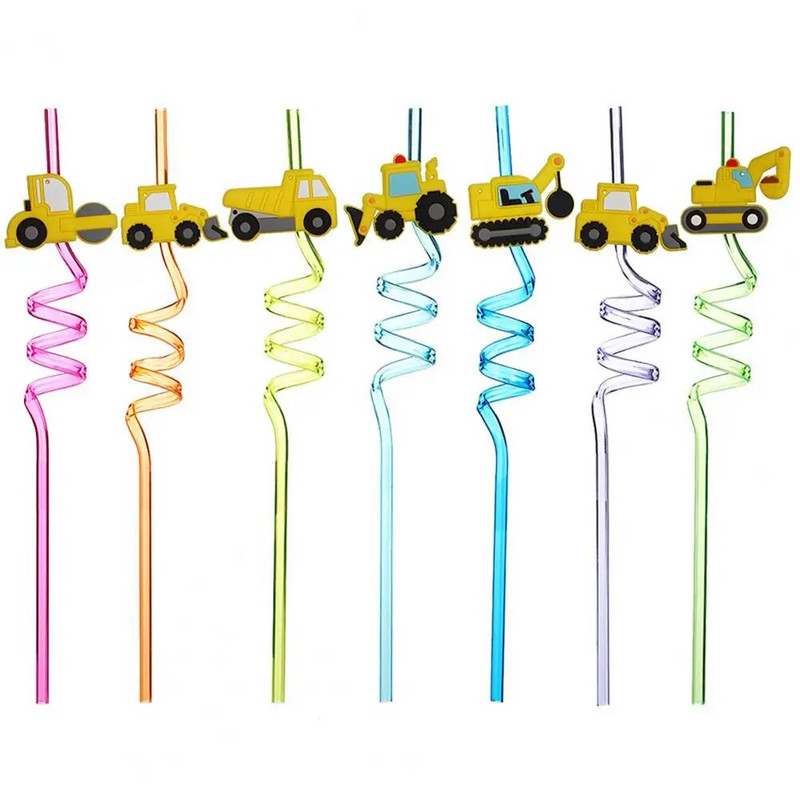 8 vnt Gėrimų šiaudeliai Maisto klasės išskirtinės formos PET statybinės buldozerinės sunkvežimio sulčių šiaudeliai vakarėlių reikmenys