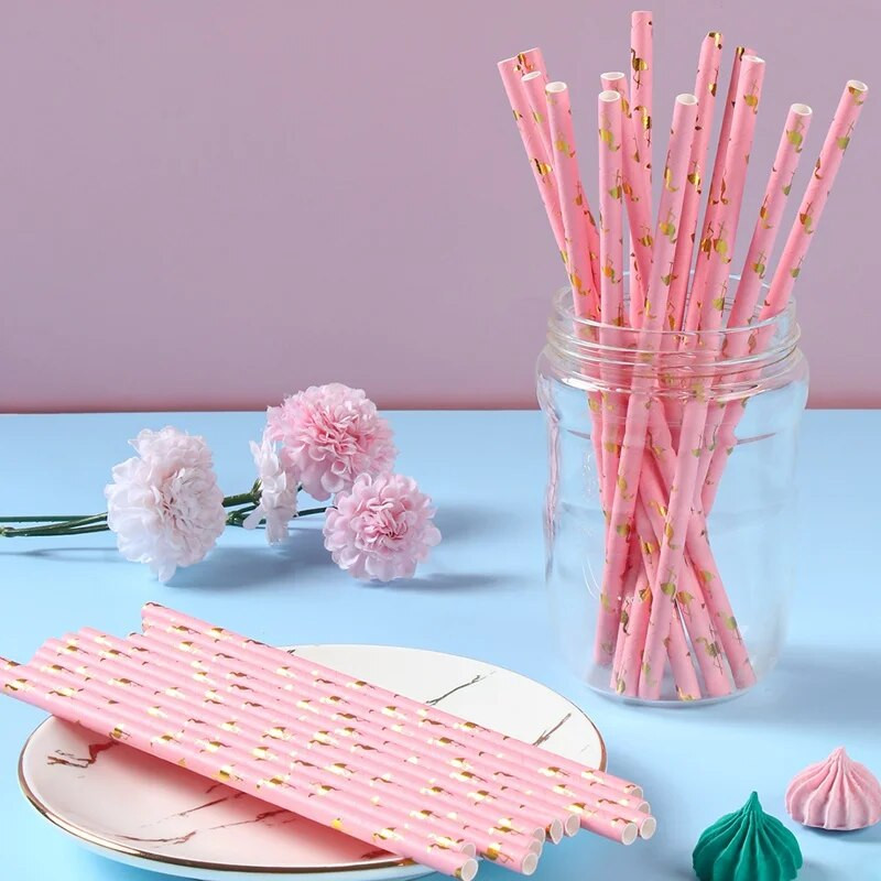 Rožinis popierius Flamingo šiaudeliai Havajų vakarėlio papuošimai Gimtadienio vestuvių popieriniai gėrimo šiaudeliai Paplūdimio vasaros Aloha vakarėlio reikmenys