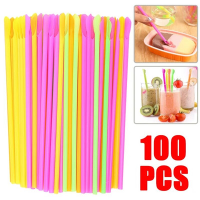 100 τεμ. Καλαμάκια κουταλιού Διπλής χρήσης Drinking Smoothie Straw Πολύχρωμα Ψάθινα κουτάλια για DIY Party Bar Club Kitchen Drinking Supplies