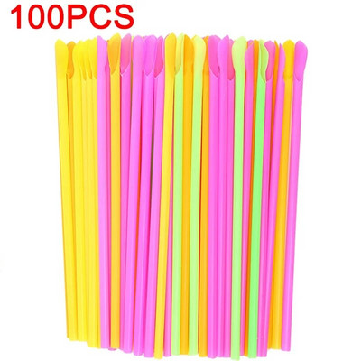 100 vnt. šaukštų šiaudelių dvejopo naudojimo geriamojo kokteilio šiaudeliai įvairiaspalviai šiaudiniai šaukštai, skirti pasidaryk pats vakarėliui, barui klubui virtuvės gėrimo reikmenims