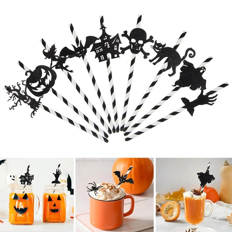 9/18 vienetų Helovino popieriniai šiaudeliai Moliūgų raganos modelio šiaudeliai Juodi popieriniai gėrimo šiaudeliai Helovino vakarėlio reikmenims