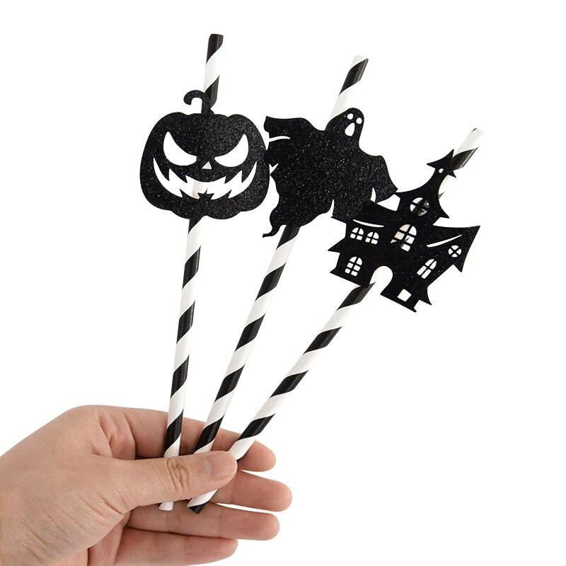 9/18 vienetų Helovino popieriniai šiaudeliai Moliūgų raganos modelio šiaudeliai Juodi popieriniai gėrimo šiaudeliai Helovino vakarėlio reikmenims