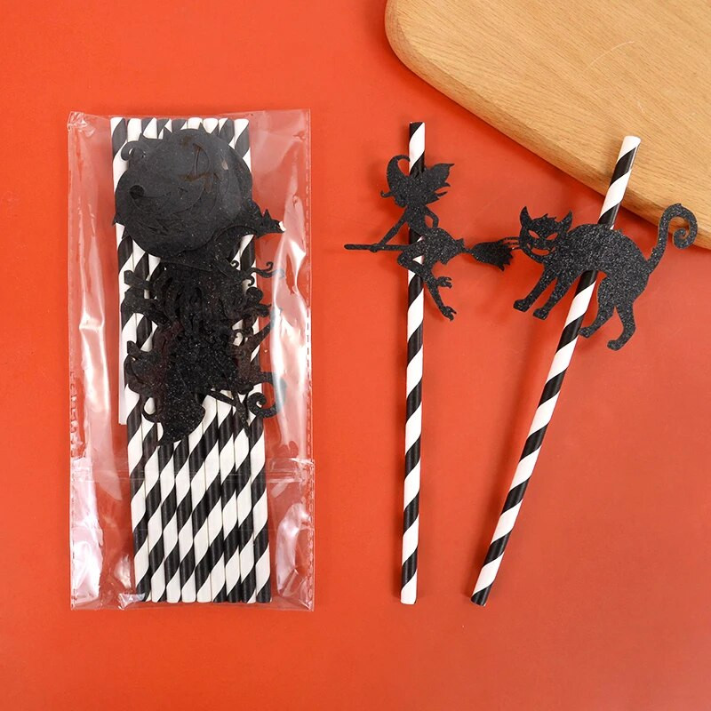 9/18 vienetų Helovino popieriniai šiaudeliai Moliūgų raganos modelio šiaudeliai Juodi popieriniai gėrimo šiaudeliai Helovino vakarėlio reikmenims