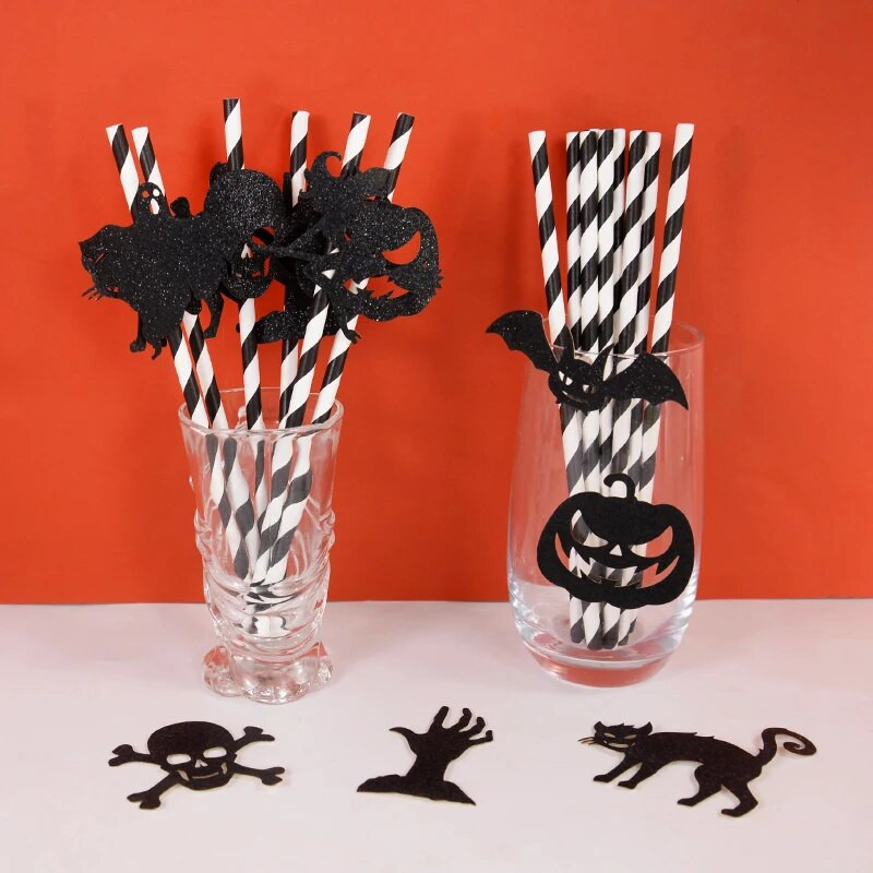 9/18 vienetų Helovino popieriniai šiaudeliai Moliūgų raganos modelio šiaudeliai Juodi popieriniai gėrimo šiaudeliai Helovino vakarėlio reikmenims