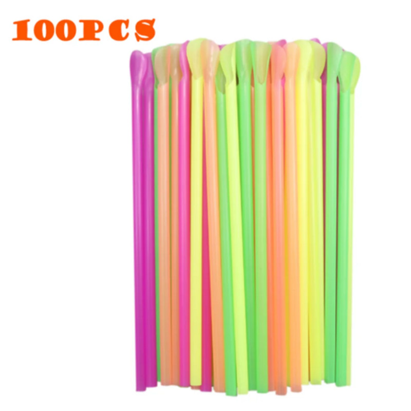 100 tk Värvilised plastikkõrred Ühekordselt kasutatavad pärlipiima tee kõrred Piimakokteil Smuuti külma joogi lusikatüüpi kõrred sirge toru
