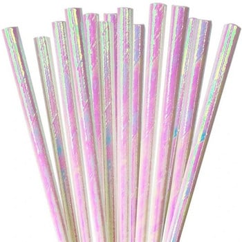 25Pcs Gradient- Color Pearlescent- Film Rainbow Suction Tube Degradable Environmental Protection Iridescent- Paper Straw E65B