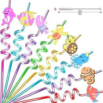 8 vnt 26 cm animacinių filmų vienaragiai / gaisrinis automobilis / automobilis / Havajų paplūdimio plastikiniai gėrimo šiaudeliai Daugkartiniai spiraliniai šiaudeliai Vaikų gimtadienio dekoras