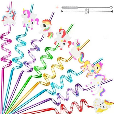 8 vnt 26 cm animacinių filmų vienaragiai / gaisrinis automobilis / automobilis / Havajų paplūdimio plastikiniai gėrimo šiaudeliai Daugkartiniai spiraliniai šiaudeliai Vaikų gimtadienio dekoras