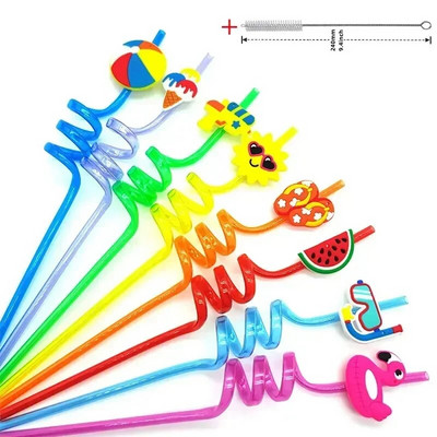 8 vnt 26 cm animacinių filmų vienaragiai / gaisrinis automobilis / automobilis / Havajų paplūdimio plastikiniai gėrimo šiaudeliai Daugkartiniai spiraliniai šiaudeliai Vaikų gimtadienio dekoras