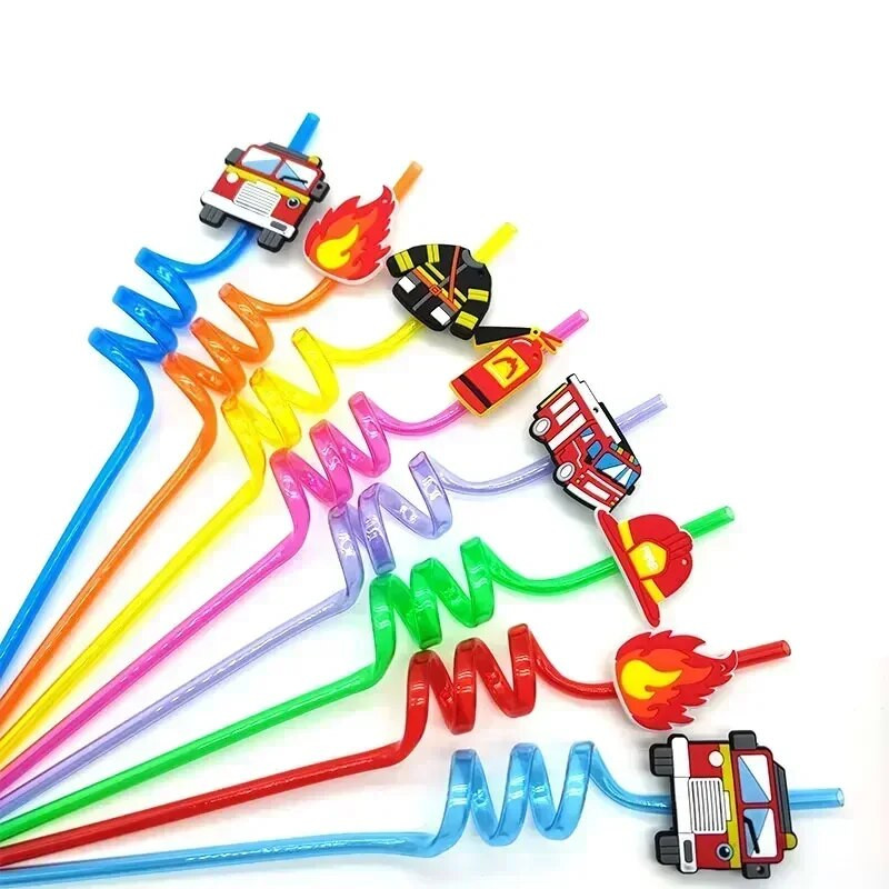 8 vnt 26 cm animacinių filmų vienaragiai / gaisrinis automobilis / automobilis / Havajų paplūdimio plastikiniai gėrimo šiaudeliai Daugkartiniai spiraliniai šiaudeliai Vaikų gimtadienio dekoras