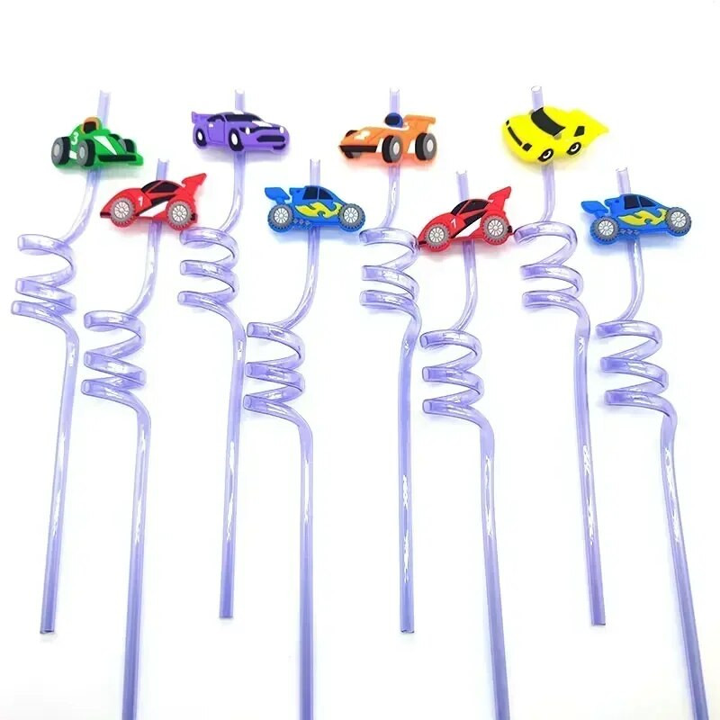 8 vnt 26 cm animacinių filmų vienaragiai / gaisrinis automobilis / automobilis / Havajų paplūdimio plastikiniai gėrimo šiaudeliai Daugkartiniai spiraliniai šiaudeliai Vaikų gimtadienio dekoras