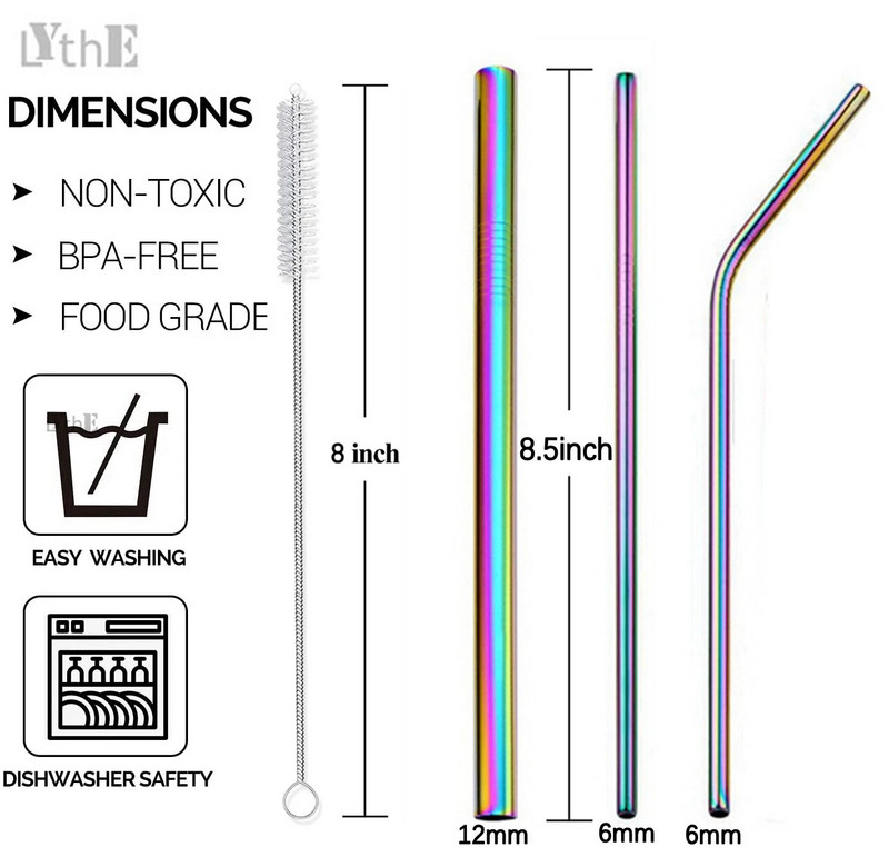 Daugkartinio naudojimo metaliniai gėrimo šiaudeliai 304 nerūdijančio plieno šiaudeliai, tvirti sulenkti tiesūs boba šiaudeliai su valymo šepečio juostele vakarėlio priedu