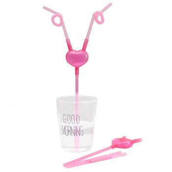 Funny Love Heart Double Straw Μοναδικό εύκαμπτο σωλήνα ποτού για παιδιά Πολύχρωμο πλαστικό ποτό DIY Αξεσουάρ μπάρα με καλαμάκια