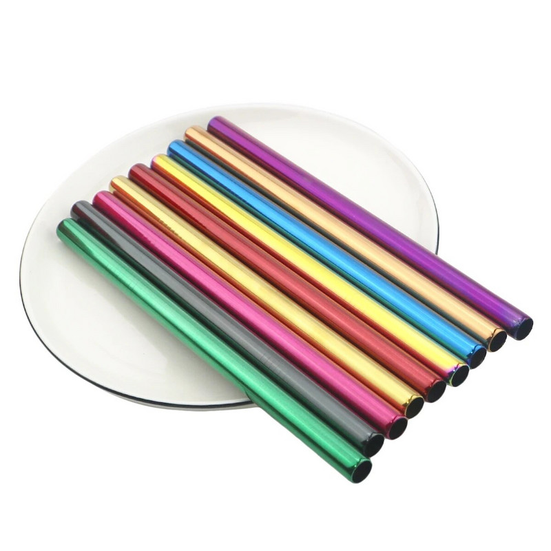 Daugkartinio naudojimo metaliniai gėrimo šiaudeliai 304 nerūdijantis plienas, tvirtas išlenktas tiesus gėrimų šiaudelis su valymo šepetėlio juosta vakarėlio priedu