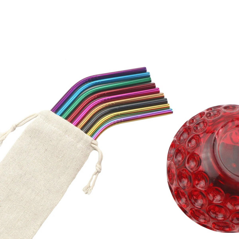 Daugkartinio naudojimo metaliniai gėrimo šiaudeliai 304 nerūdijantis plienas, tvirtas išlenktas tiesus gėrimų šiaudelis su valymo šepetėlio juosta vakarėlio priedu