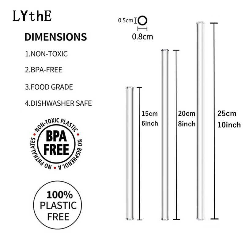 6 τεμ. 3 μεγεθών γυάλινα καλαμάκια Επαναχρησιμοποιήσιμα καλαμάκια πόσιμου για κοκτέιλ Smoothies Διάφανα φιλικά προς το περιβάλλον μακριά μπουκάλια Γυάλινα καλαμάκια