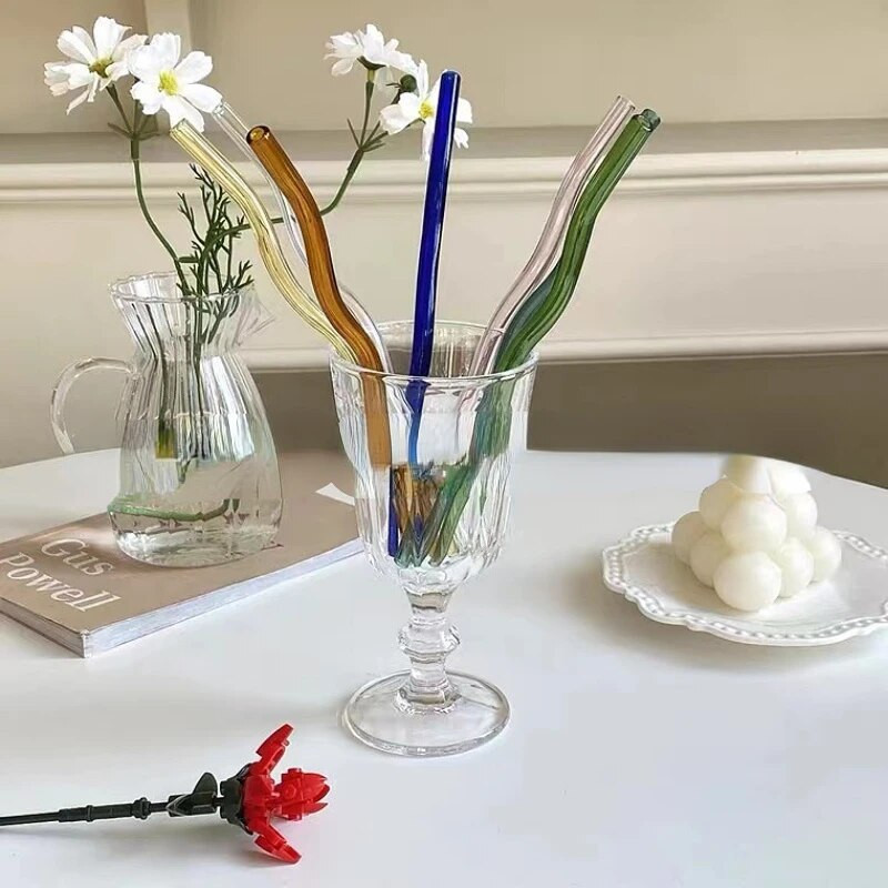 8X200mm opakovane použiteľná slamka na pitie z borosilikátového skla, 1 ks, vlnitá farebná slamka, barový nástroj, hrdzavý párty doplnok