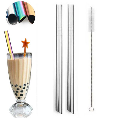 Daugkartinis geriamasis šiaudelis 304 nerūdijančio plieno šiaudelis, didelis 12 mm šiaudų metalinis šiaudelis, skirtas tapijokos perlams, pieno arbatai su švaresniu šepetėliu